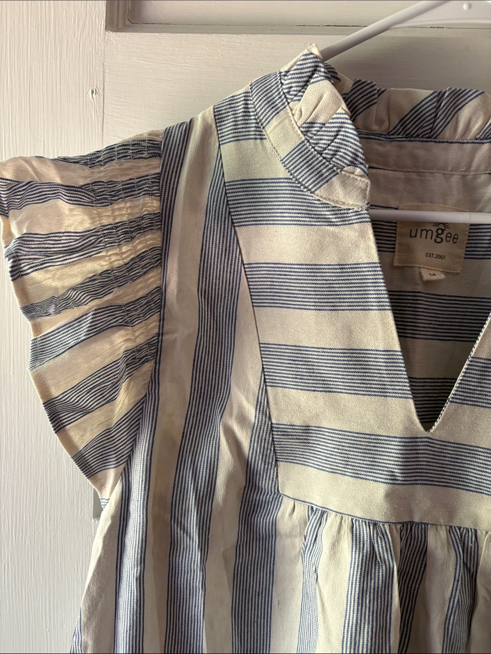 Umgee Navy and White Striped V-Neck Peasant Top - Picture 4 of 5